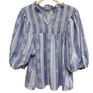 Michelle McDowell Blue Greek Key Smocked V-Neck Balloon Sleeve Blouse Large